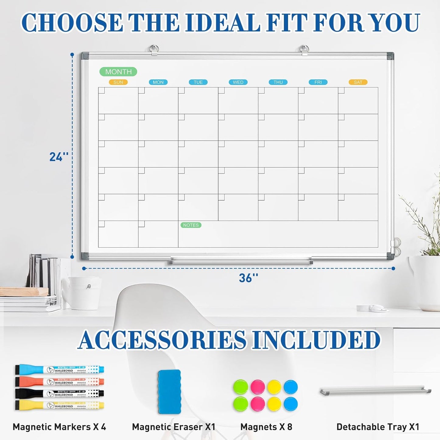 WALGLASS Weekly Dry Erase Calendar Whiteboard for Wall, 24" x 18" Double-Sided Weekly Planner White Board with Notes, Daily Tracker, Aluminum Framed Hanging & Wall Mount for Home, Office, School