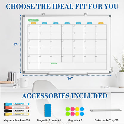 WALGLASS Weekly Dry Erase Calendar Whiteboard for Wall, 24" x 18" Double-Sided Weekly Planner White Board with Notes, Daily Tracker, Aluminum Framed Hanging & Wall Mount for Home, Office, School