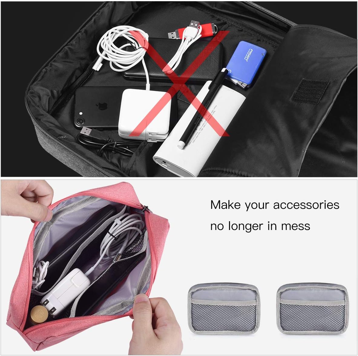imComor Universal Electronics Accessories Case, 2-Pack Portable Soft Carrying Case Bag Wire Cable Organizer for Hard Drive, Power Adapter, Laptop Mouse, Cosmetics Kit, Small+Big-Black