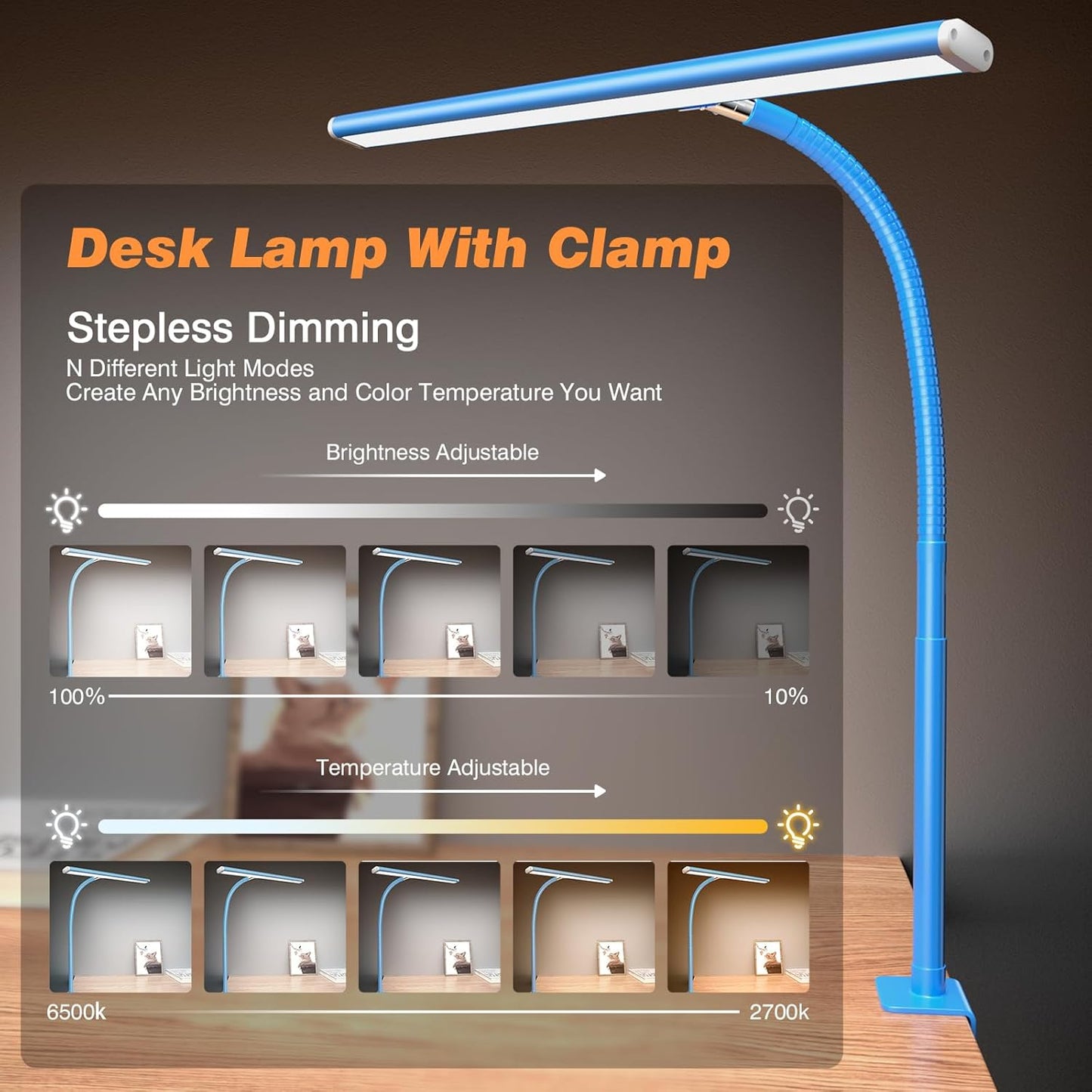 Airlonv LED Desk Lamp for Office Home, Eye-Caring Desk Light with Stepless Dimming Adjustable Flexible Gooseneck, 10W USB Adapter Desk Lamp with Clamp for Reading, Study, Workbench (Black)