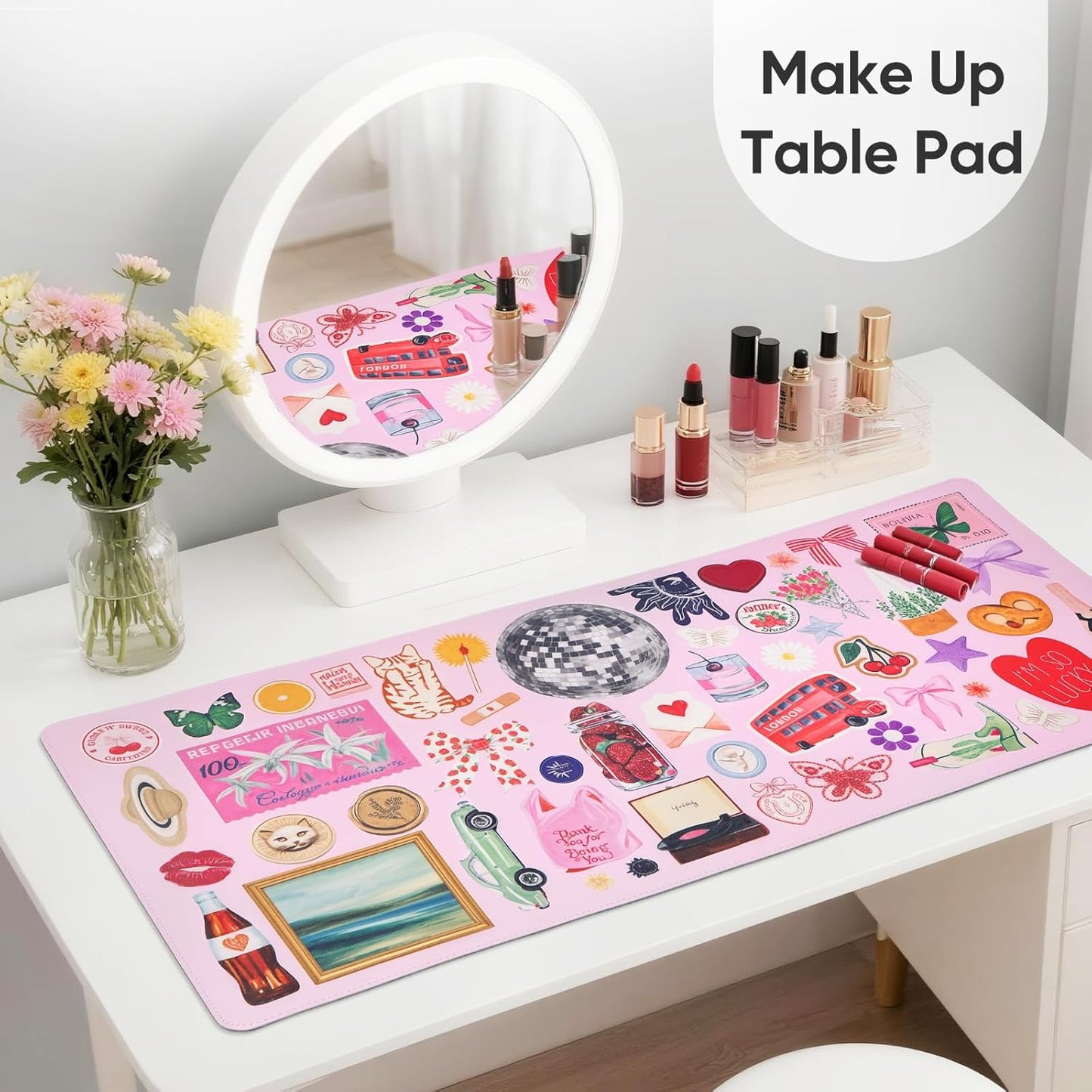 Pink Desk Mat, Leather Desk Pad Blotter Protector, XXL Large Mouse Pad,Computer Laptop Mouse Pads for Desktop,Waterproof Writing Anti-Slip Mousepad for Office and Home I Colorful Stickers