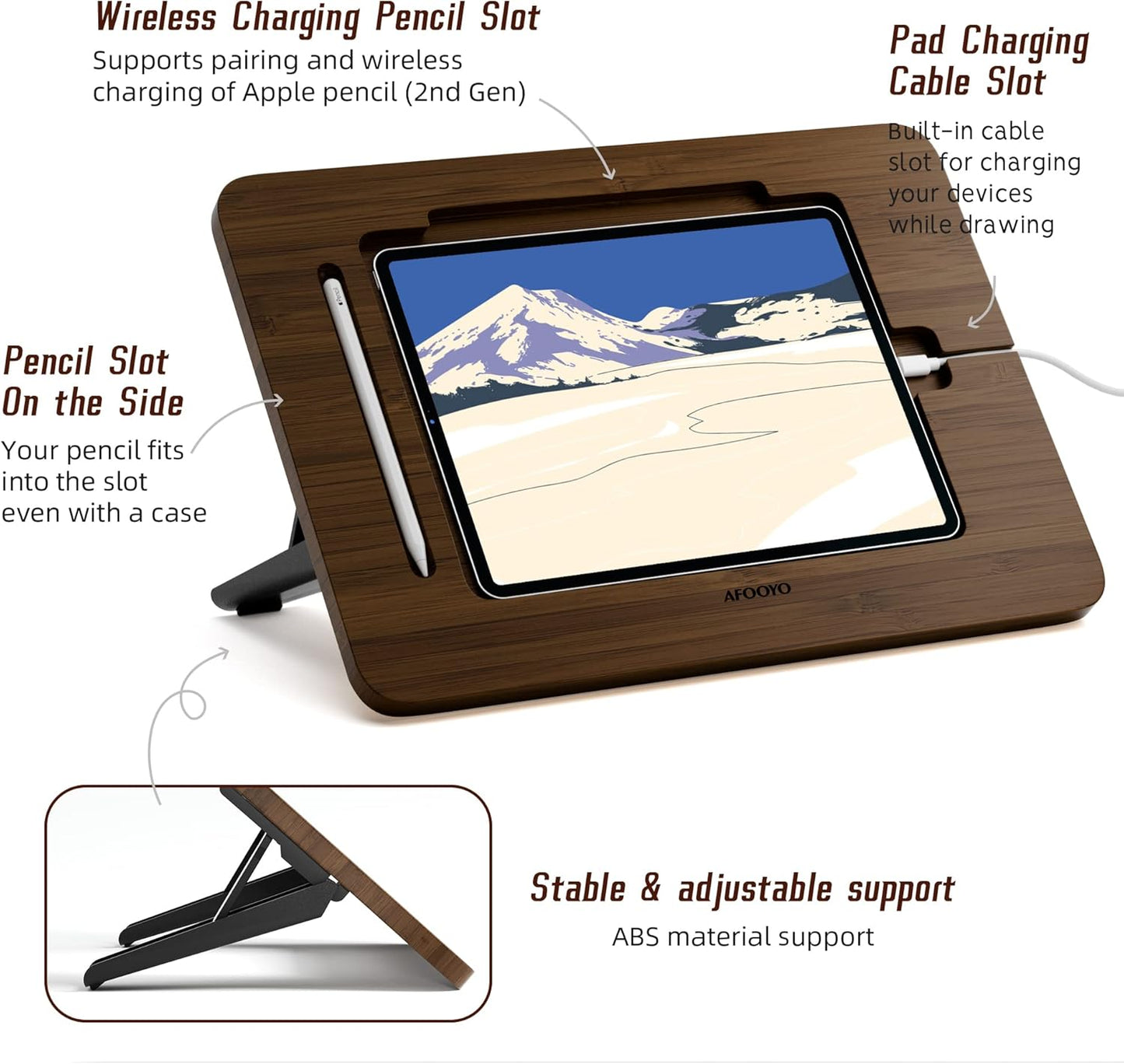 AFOOYO Bamboo Tablet Drawing Stand - Portable & Adjustable 5 Angles,Laptop Stands Riser, Book Reading Stand,Compatible with 9.7/10.2/10.5/10.9/11 inches