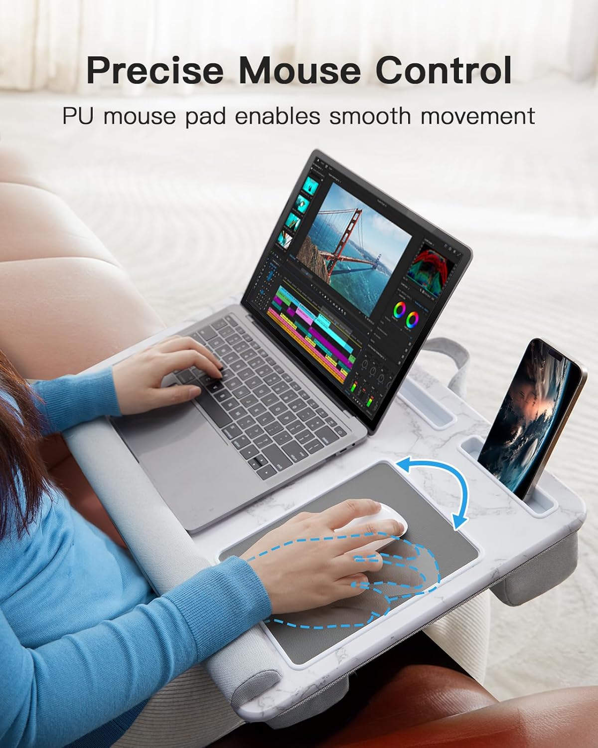 HUANUO Lap Desk - Fits up to 17 inches Laptop Desk, Built in Mouse Pad & Wrist Pad for Notebook, Laptop, Tablet, Lap Stand with Tablet, Pen & Phone Holder, Wood Grain