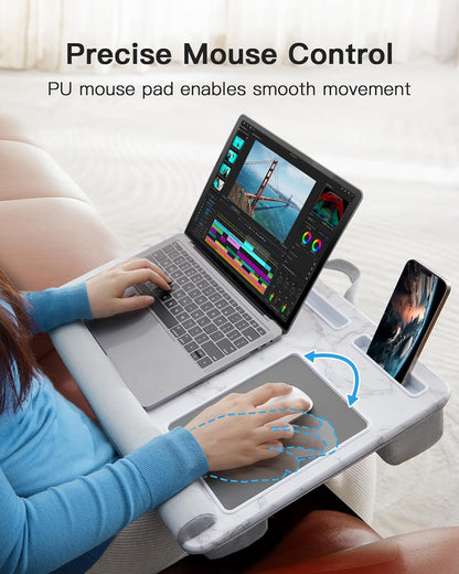 HUANUO Lap Desk - Fits up to 17 inches Laptop Desk, Built in Mouse Pad & Wrist Pad for Notebook, Laptop, Tablet, Lap Stand with Tablet, Pen & Phone Holder, Wood Grain