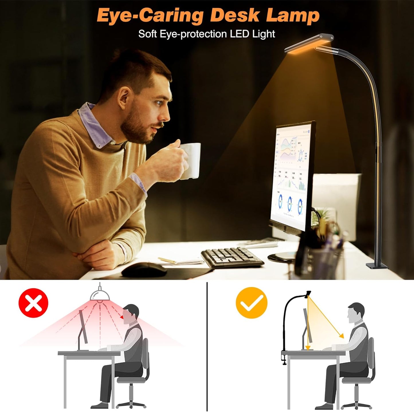 Airlonv LED Desk Lamp for Office Home, Eye-Caring Desk Light with Stepless Dimming Adjustable Flexible Gooseneck, 10W USB Adapter Desk Lamp with Clamp for Reading, Study, Workbench (Black)
