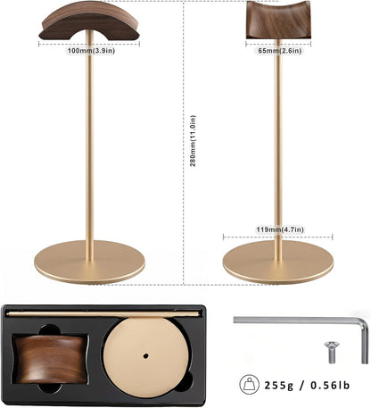 Headphone Stand, Walnut Wood & Aluminum Headset Stand, Nature Walnut Gaming Headset Holder with Solid Heavy Base for All Headphone Sizes (Black)