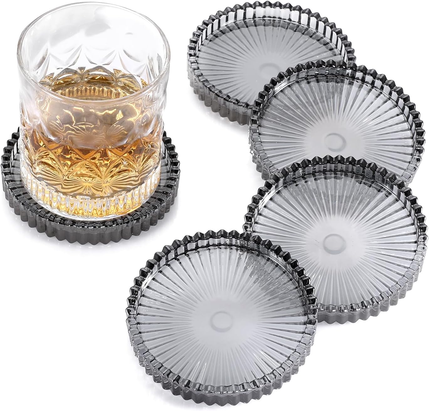 Modern Clear Coasters Set of 5- Glass Cute Coasters for Drinks Crystal Coaster Round Chic Cup Mat Cute Coffee Table Coaster for Kitchen, Bar, Dining Room, Living Room, Patio(Amber)