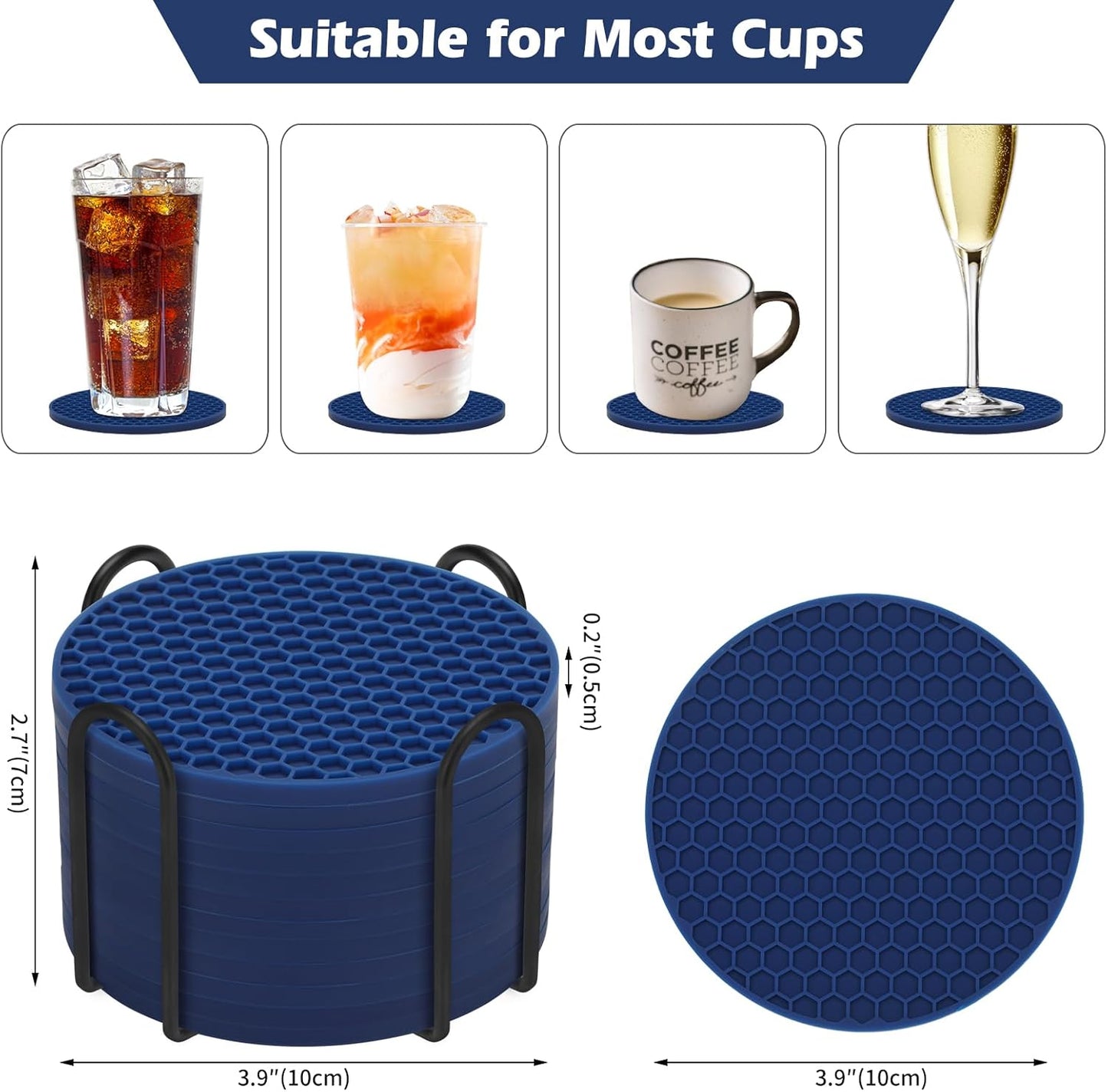 TWTLi Silicone Coasters Set of 8 with Holder,Coasters for Drinks,Beer,Coffee Coasters,Suitable for Kinds Cups,Hot or Cold,Anti-SLI,Non-Stick,Anti-Overflow Tabletop Protection and Decor (8 Pcs, Black)