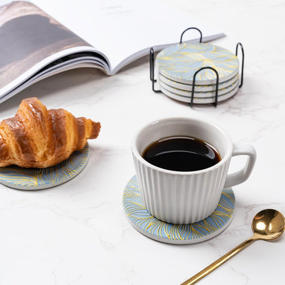 6Pcs Drink Coasters with Holder, Marble Style Ceramic Drink Coaster, Absorbent Coasters Set Suitable for Kinds of Cups, Modern Style Coaster for Coffee Table, 4 Inches