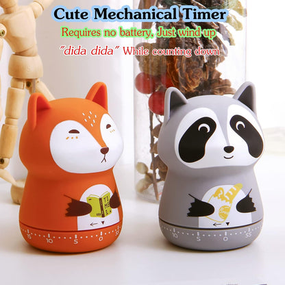 Mechanical Kitchen Timer - Cute Animal Wind Up 60 Minutes Manual Countdown Timer for Kids, Classroom, Home, Study and Cooking - Grey Raccoon