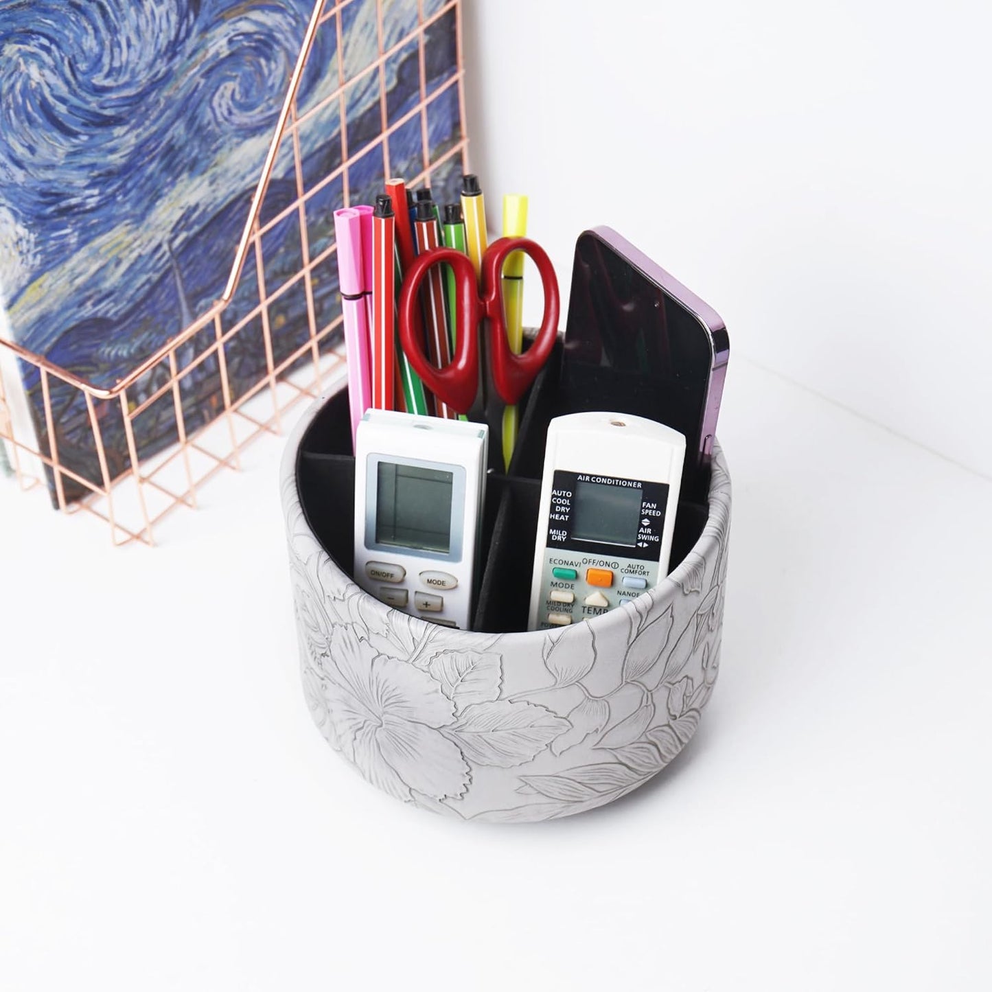 Round Leather Art Supply Organizer,Remote Control Holder,360 Degree Rotating,Multi-Functional Pencil Holder,4 Compartments Desktop Stationary Organizer(1-Fractal Flower) | Round - Colors A