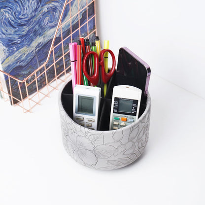 Round Leather Art Supply Organizer,Remote Control Holder,360 Degree Rotating,Multi-Functional Pencil Holder,4 Compartments Desktop Stationary Organizer(1-Fractal Flower) | Round - Colors A