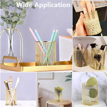 Gold Metal Pen Holder for Desk - Heavy Duty Makeup Brush Organizer Cup with, Pencil Holder for Office & Home, Storage for Stationery/Cosmetics/Art Supplies, Matte Finish, 4.8 Inch (Round)