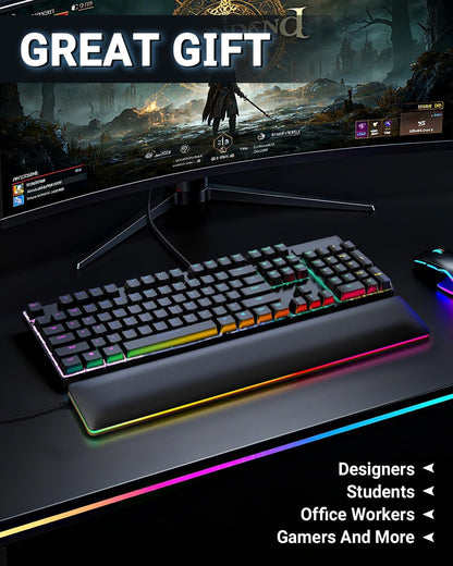 ASFSKY RGB Keyboard Wrist Rest, Ergonomic Wooden Wrist Support with PU Leather & Memory Foam, Non-Slip and Easy-to-Clean Design, Wrist Pad for Mechanical Keyboard, Gaming & Office Use