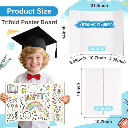 4 Pcs Small Trifold Poster Board, 21.4" x 14" Presentation Board, with Double Sided Tapes and Cardboard, White Corrugated Project Boards/Display Board for School Project/Science Fair Display Boards