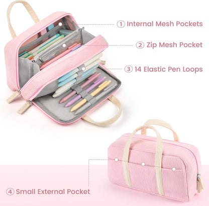Sooez Large Pencil Case Pouch, Extra Big Pencil Bag with 5 Compartments, Pen Bag Wide Opening, Soft Corduroy Pencil Pouch Organizer with Zipper, Cute Aesthetic School Supplies for Teen Girls-Purple