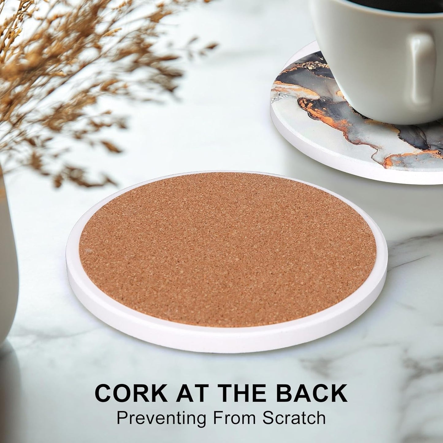 Coasters Set of 6, Navy Blue Marble Abstract Round Ceramic Coasters with Holder, Best Absorbent Drink Coaster Set, Coffee Table Decor for Home Decor House Warming Gifts New Home