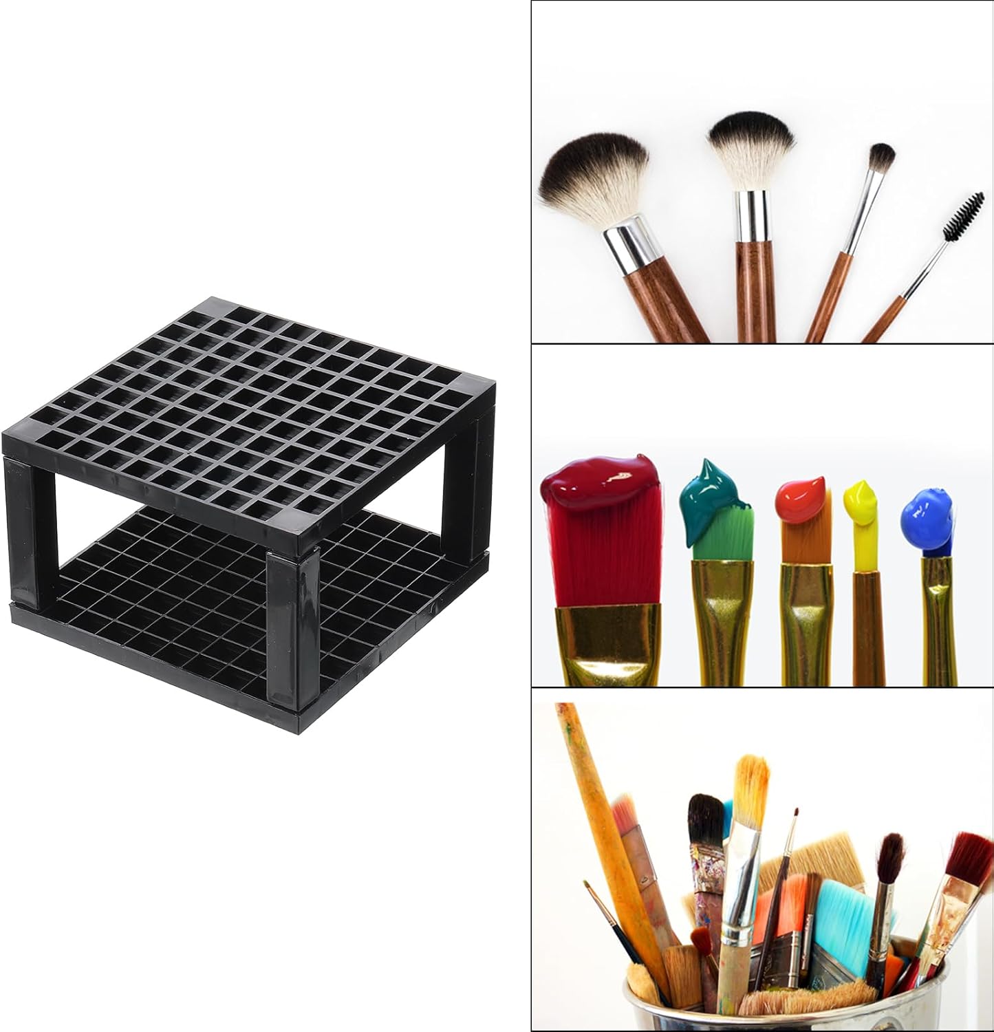 PATIKIL 2pcs Black Minimalist Square Paint Brush Holder, 96 Holes Plastic Storage Desk Stand for Artist Desk Makeup Pencil, Black