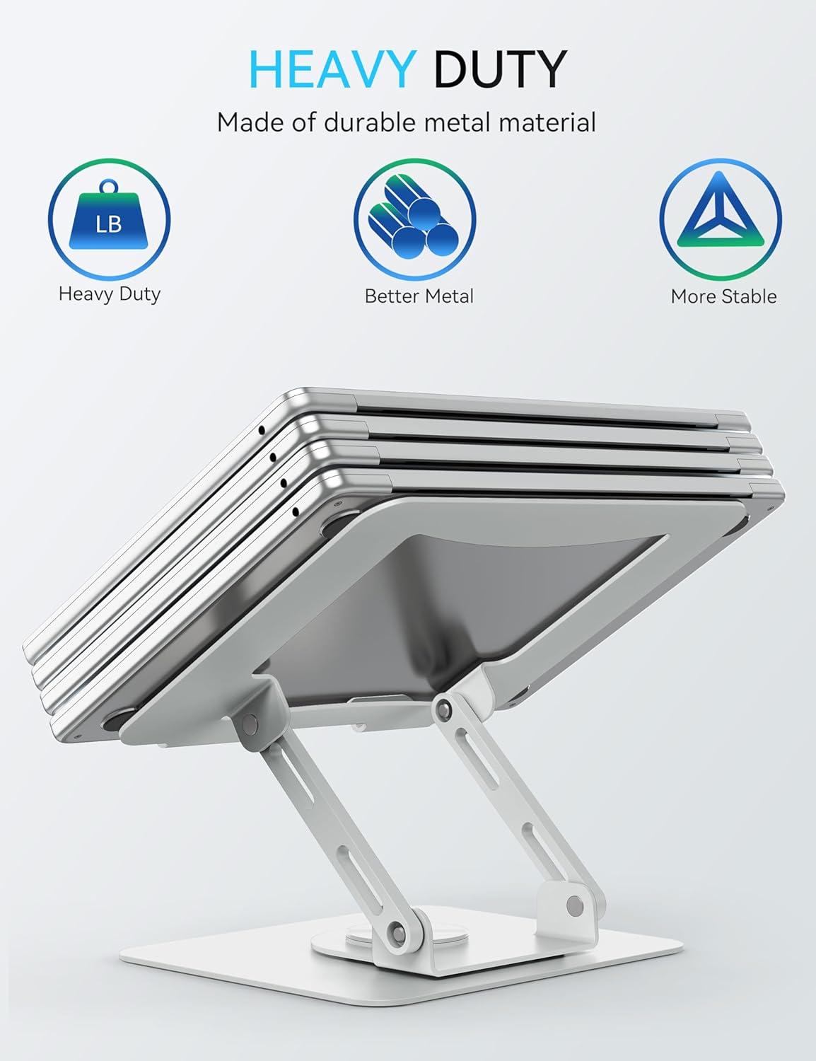 SOUNDANCE 360 Rotating Laptop Stand, Ergonomic Computer Riser for Desk, Adjustable Height Multi-Angle Metal Holder, Foldable Portable Notebook Elevating Base for Office & Home, White