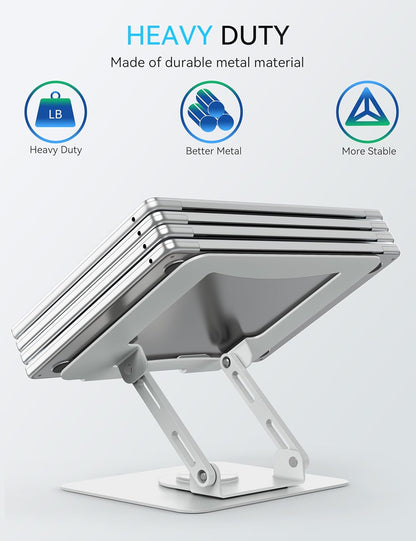 SOUNDANCE 360 Rotating Laptop Stand, Ergonomic Computer Riser for Desk, Adjustable Height Multi-Angle Metal Holder, Foldable Portable Notebook Elevating Base for Office & Home, White