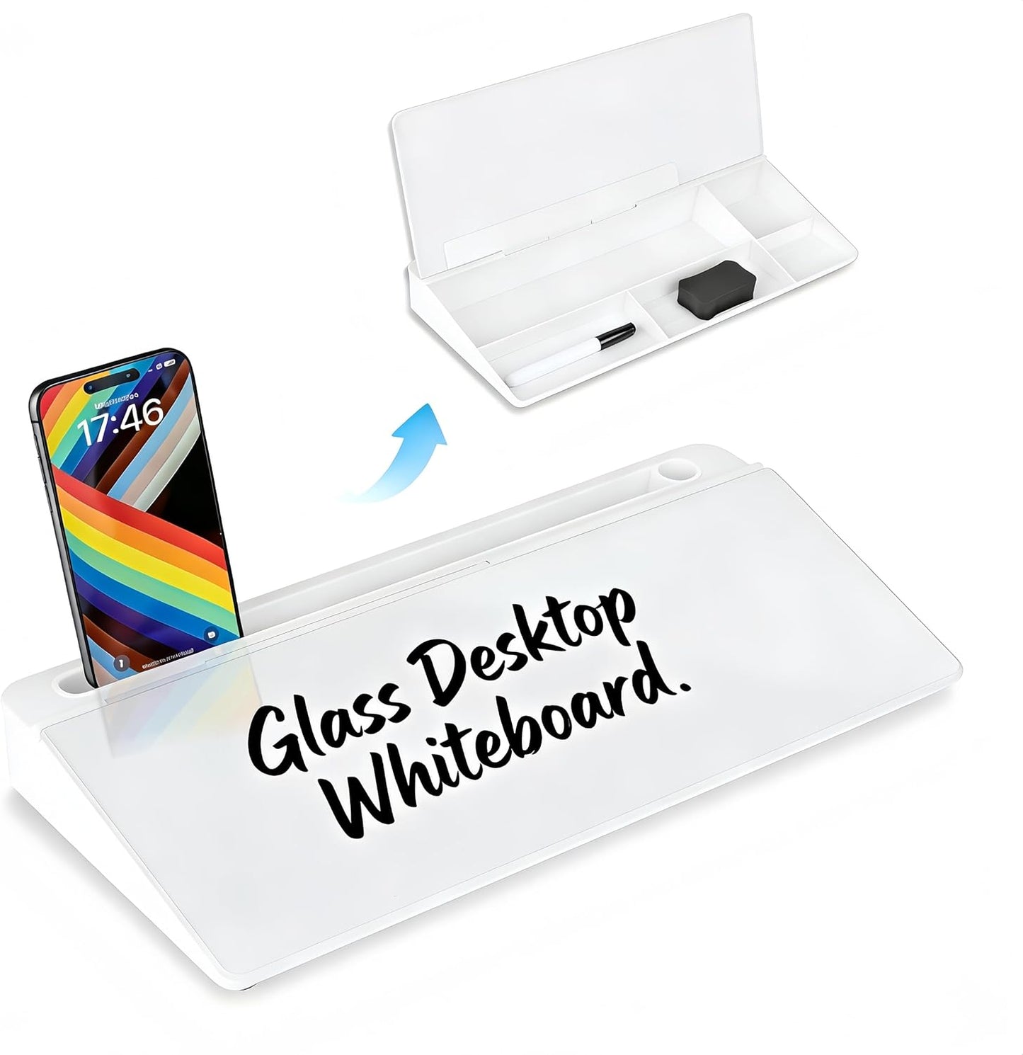 Glass Desktop Whiteboard 15.8×7”, Dry Erase Note Memo Board, Desk Organizer with Storage for Office, Home, Study, Black