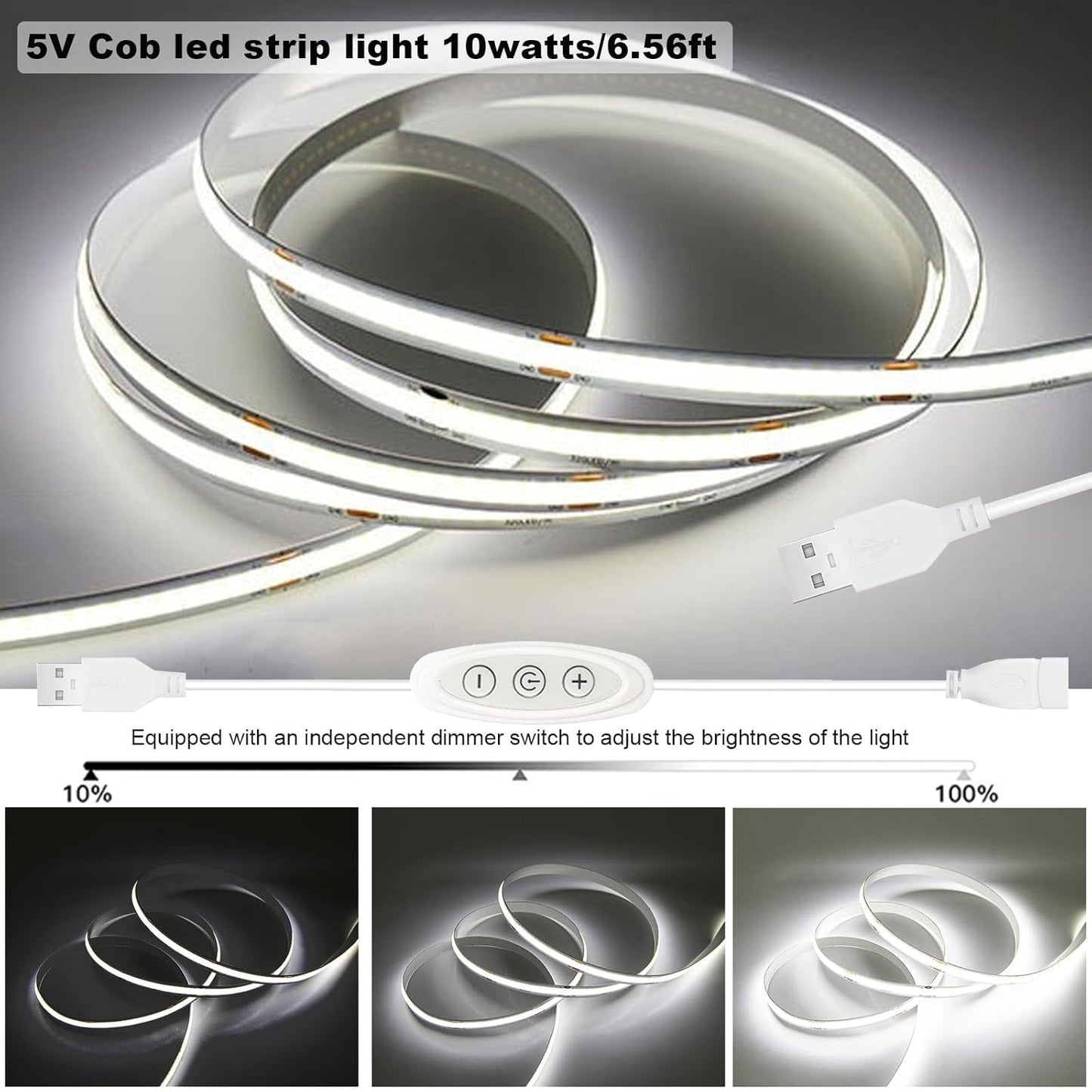 USB Light Strip Warm White 3000K CRI 92+ Small Dimmable COB LED Strip Light Cuttable 5V USB Powered 6 ft 10W for TV Backlight Cabinet Bedroom Indoor DIY Lighting Project