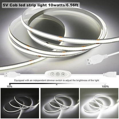 USB Light Strip Warm White 3000K CRI 92+ Small Dimmable COB LED Strip Light Cuttable 5V USB Powered 6 ft 10W for TV Backlight Cabinet Bedroom Indoor DIY Lighting Project