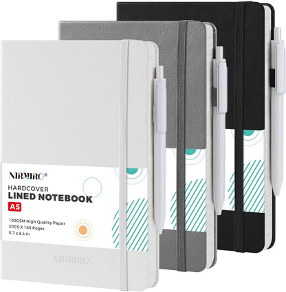 NIRMIRO 3 Pack Pocket Notebook Journals, Small Notepad Notebooks for Note Taking, A6 Mini Note pads with Pen Holder, 408 Lined Pages, 3.7" x 5.7", Black, Brown, Blue