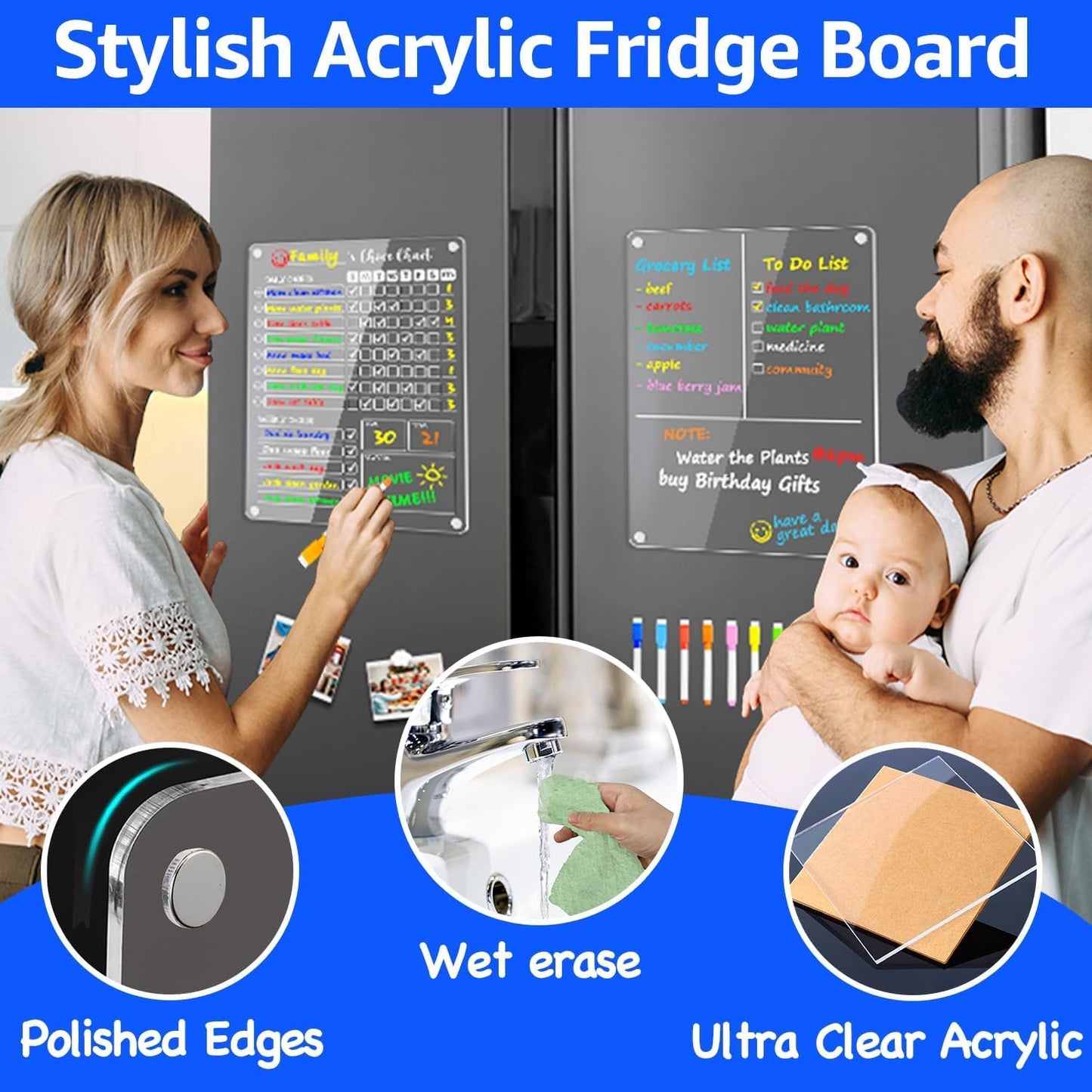 PigPotParty Acrylic Magnetic to Do List Whiteboard for Refrigerator, 12x9.5 Inch Clear Dry Erase Checklist Board, 3-Column Fridge List with Pre-Installed Embedded Magnet, 8 Markers and 1 Towel