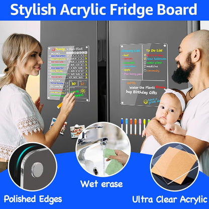 PigPotParty Acrylic Magnetic to Do List Whiteboard for Refrigerator, 12x9.5 Inch Clear Dry Erase Checklist Board, 3-Column Fridge List with Pre-Installed Embedded Magnet, 8 Markers and 1 Towel