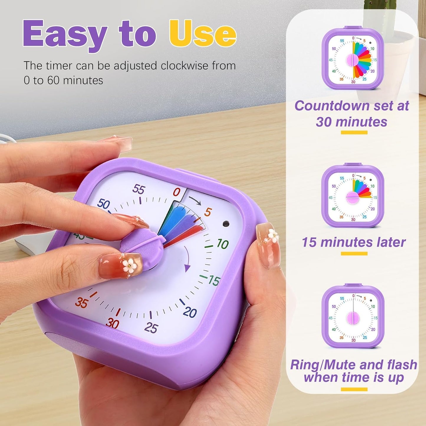 Mwellewm Visual Timer for Kids, 60 Minute Time Digital Pomodoro Timer Countdown with Silent Pause Function for Classroom Kitchen Study Cooking Meetings ADHD Rainbow Pattern(Blue)
