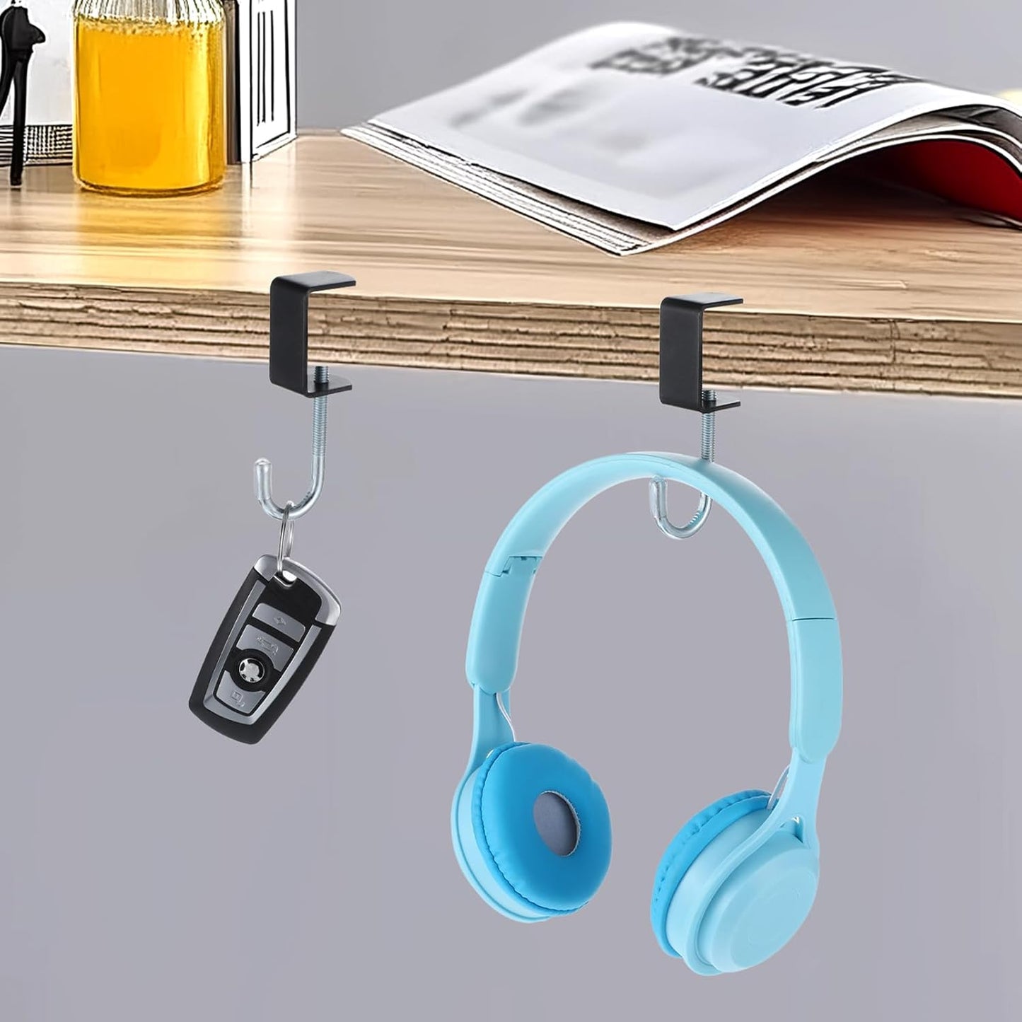 cobee Clamp-On Under Desk Hooks, Desk Mount Hanging Bag Holder Metal Hook Adjustable Headphones Clamp Organizer Portable Purse Hanger Clip Reduce Desk Clutter Table Desk Under Counter (4 Pcs, Black)