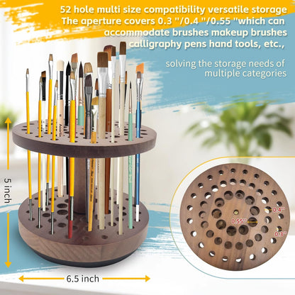 360 Degree Friction-Free Rotating Paint Brush Holder, 52 Multi-Size Hole Natural Hardwood Storage Stand, Space-Saving Desktop Organizer for Artist, Watercolor, Makeup Brushes and Craft Tools (brown)