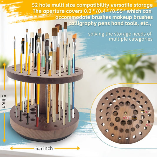 360 Degree Friction-Free Rotating Paint Brush Holder, 52 Multi-Size Hole Natural Hardwood Storage Stand, Space-Saving Desktop Organizer for Artist, Watercolor, Makeup Brushes and Craft Tools (brown)