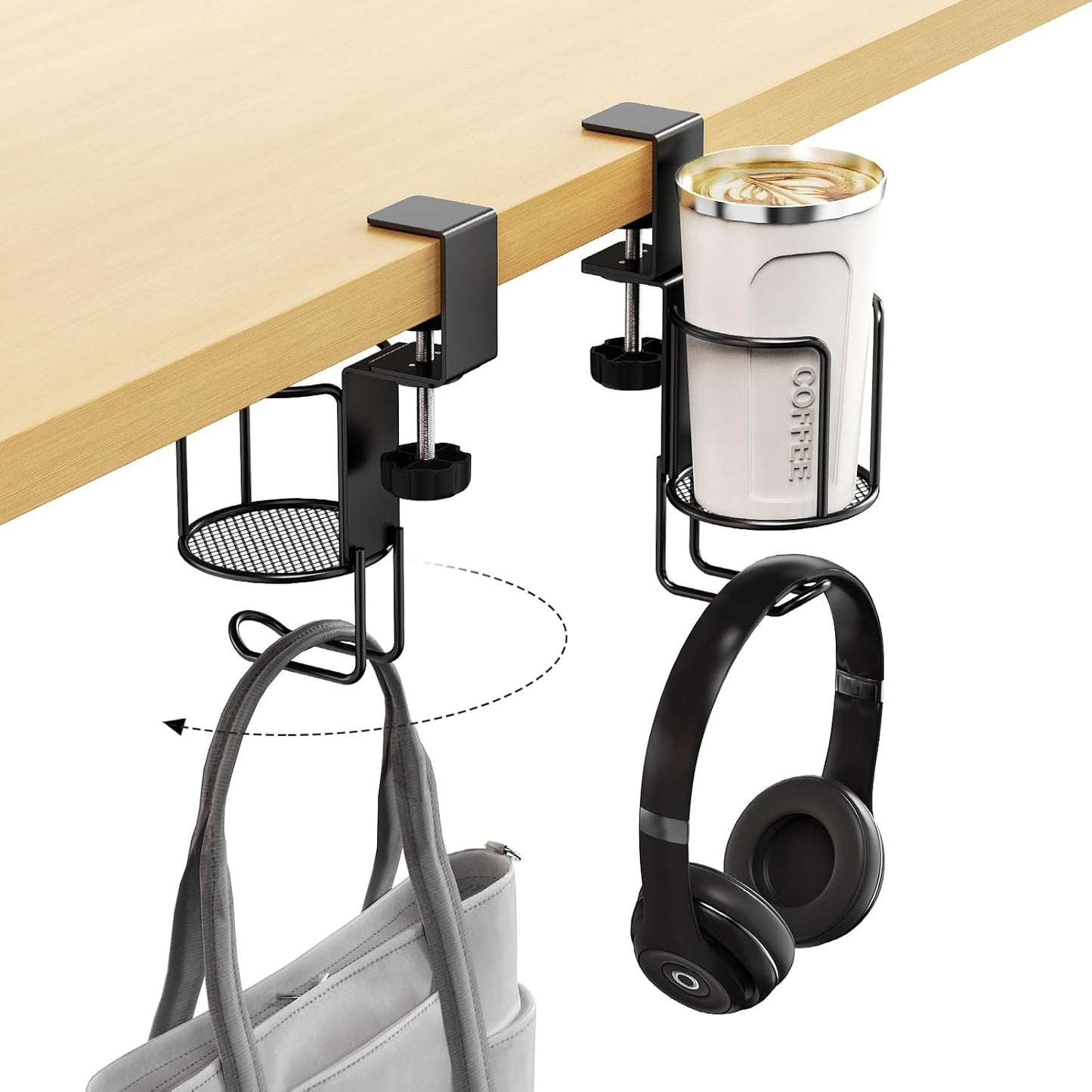 CABTE 2 in 1 Desk Cup Holder with Headphone Hanger Holder, Anti-Spill Clip-On Table Cup Hook with 360° Rotation for Lawn Chair, Office Home Gaming Table (1 Pack)