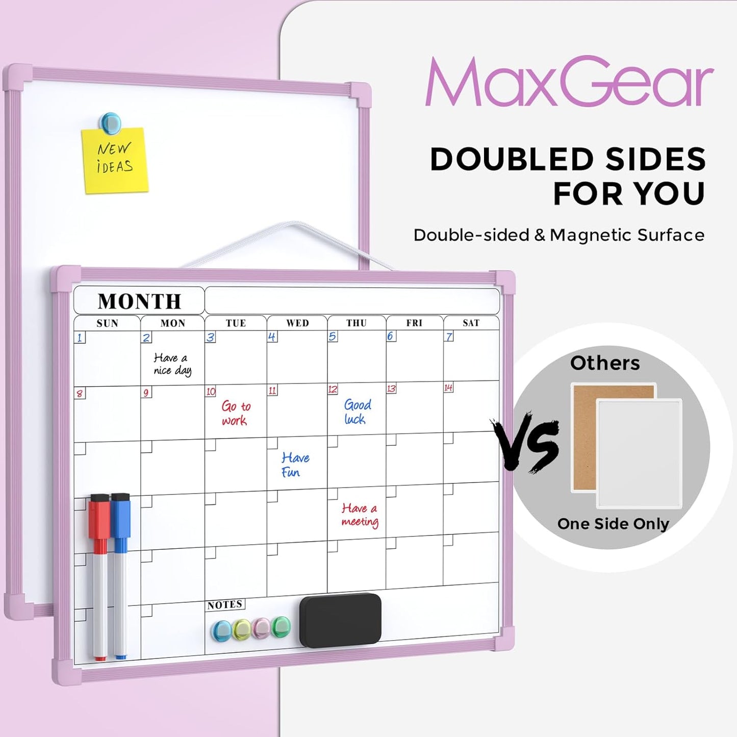 MaxGear Monthly Calendar Dry Erase Board for Wall, 16"x12" Small Hanging Double-Sided White Board, Portable Whiteboard for Planning, Drawing, Memo, to Do List, School, Home, Kitchen, Office