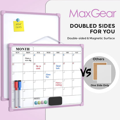 MaxGear Monthly Calendar Dry Erase Board for Wall, 16"x12" Small Hanging Double-Sided White Board, Portable Whiteboard for Planning, Drawing, Memo, to Do List, School, Home, Kitchen, Office