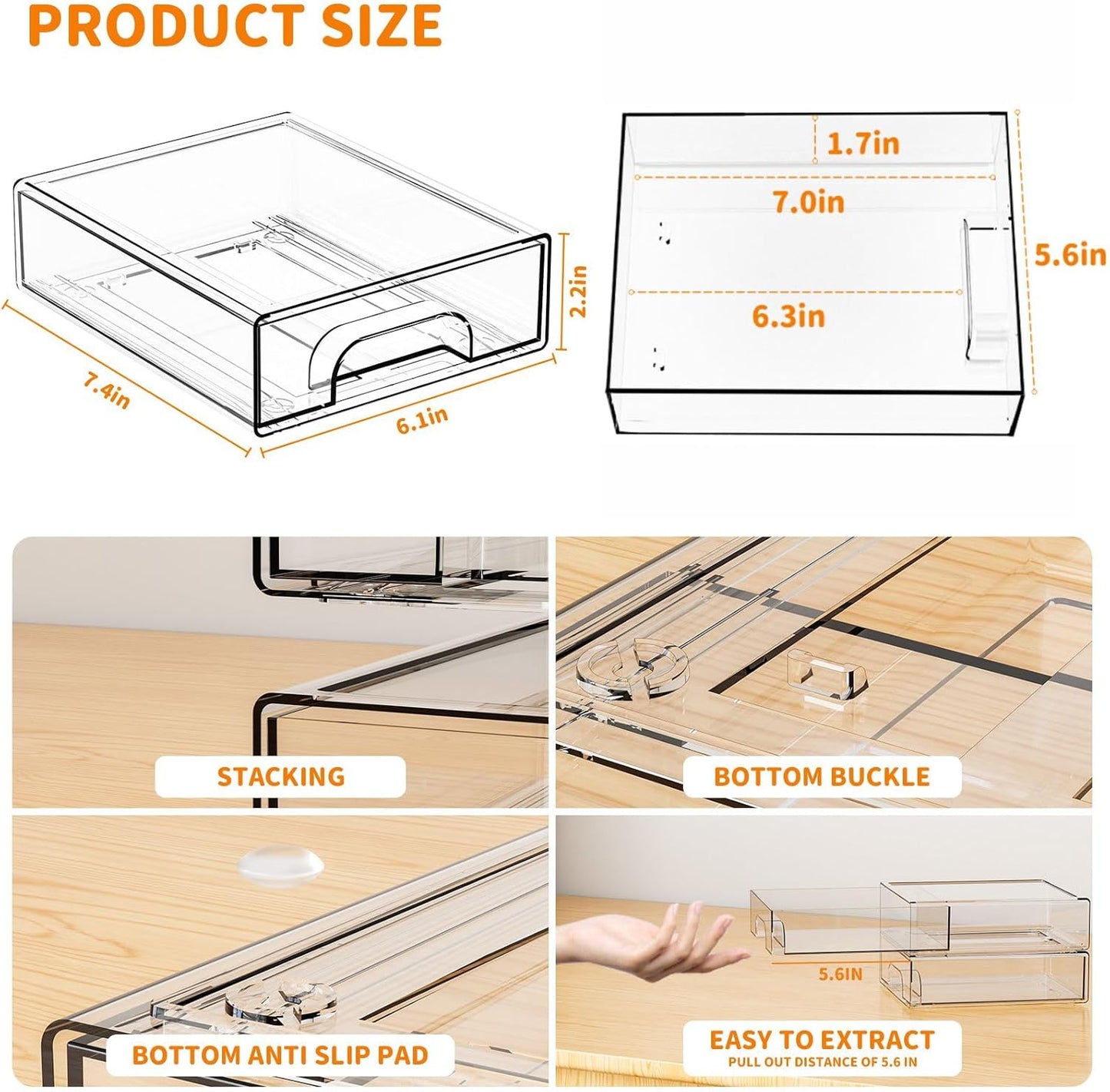 Yieach 8 Pack Small Clear Stackable Storage Drawers,2.2'' Tall Desk Organization and Storage,Plastic Office Supply Organizer,Acrylic Storage Containers for Makeup,Hair Clip,Accessory,Pen,Art Crafts