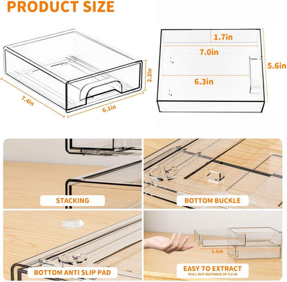 Yieach 8 Pack Small Clear Stackable Storage Drawers,2.2'' Tall Desk Organization and Storage,Plastic Office Supply Organizer,Acrylic Storage Containers for Makeup,Hair Clip,Accessory,Pen,Art Crafts