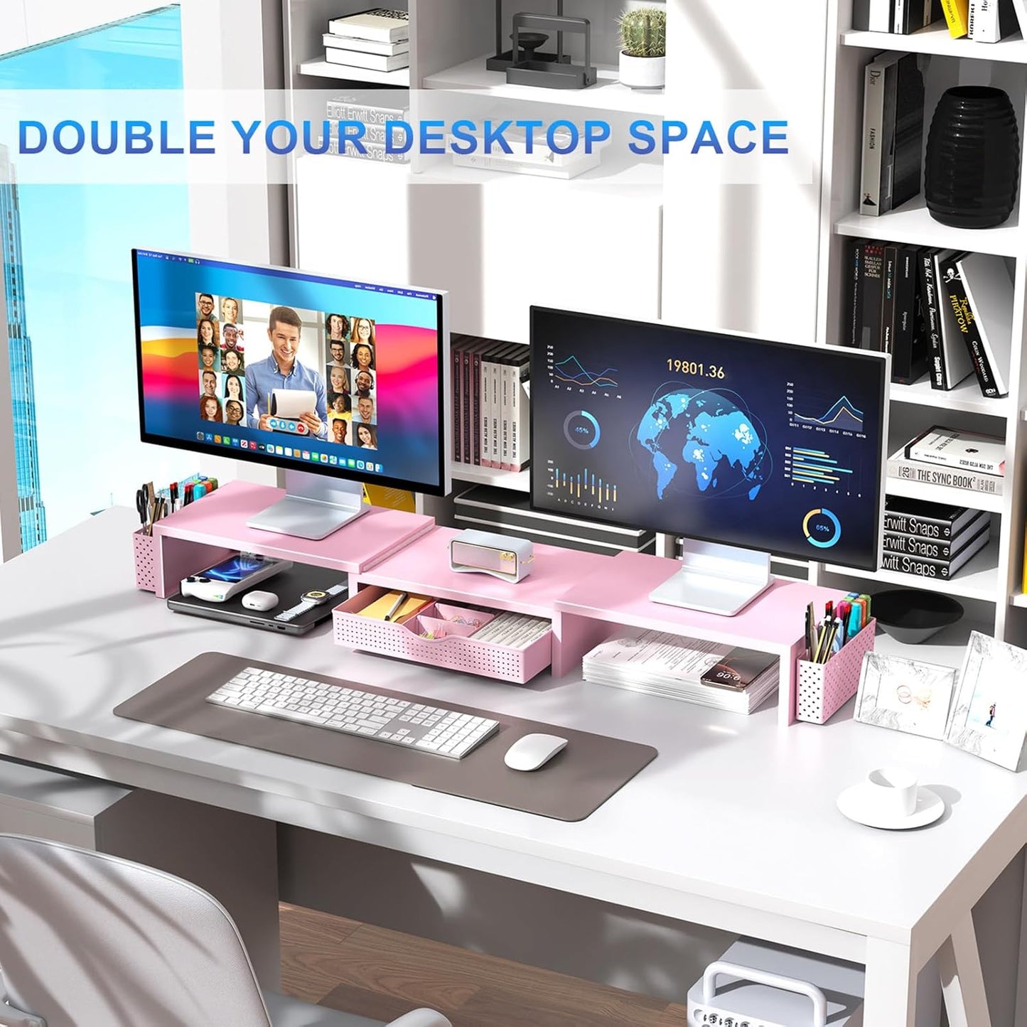 gianotter Dual Monitor Stand Riser, Desk Organizer With Drawer and 2 Pen Holders,Computer Monitor Stand, Desk Shelf for Top of Desk, Wood