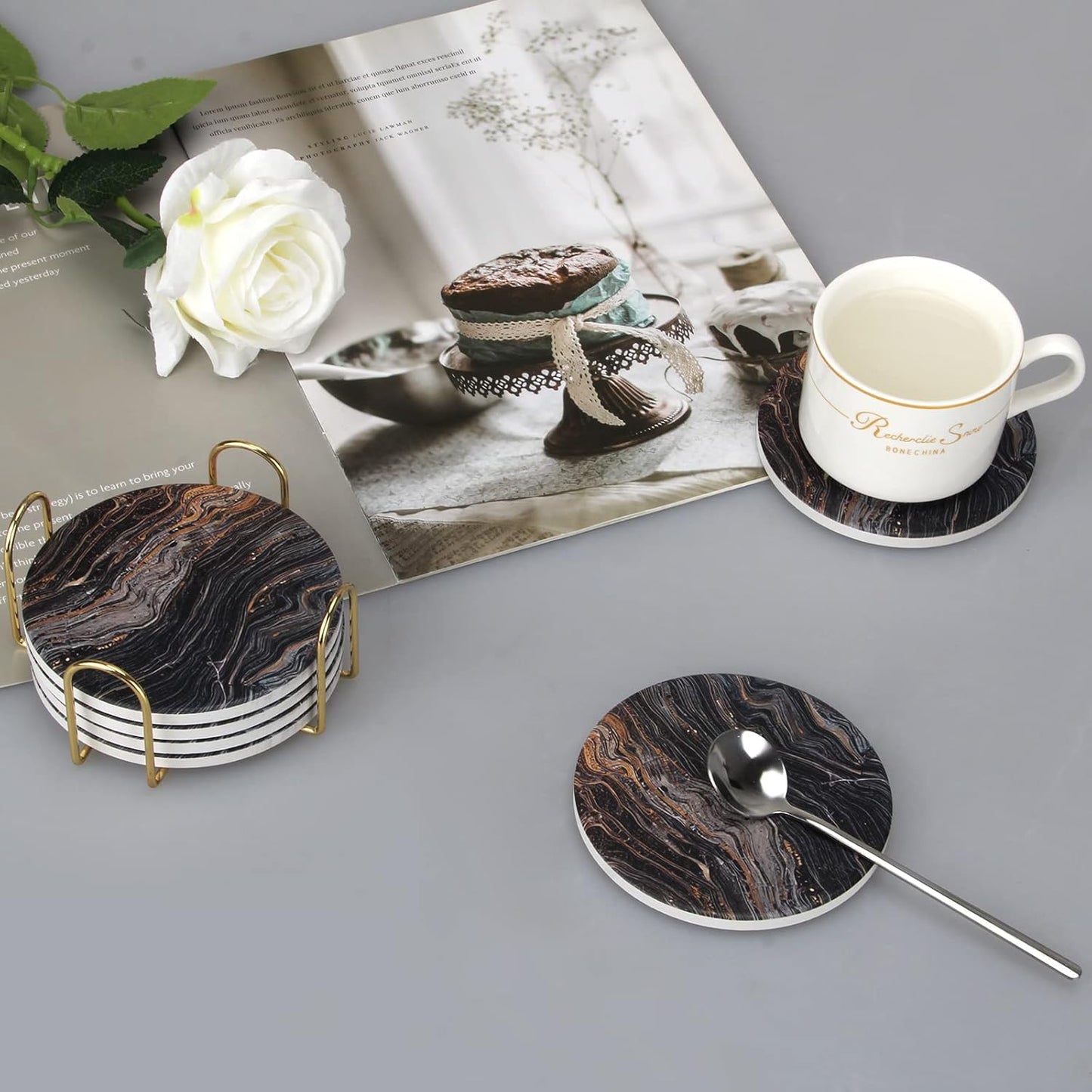 Coasters Set of 6, Navy Blue Marble Abstract Round Ceramic Coasters with Holder, Best Absorbent Drink Coaster Set, Coffee Table Decor for Home Decor House Warming Gifts New Home