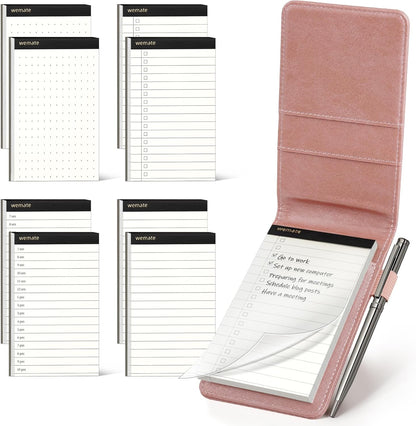 WEMATE 10 Pieces Notepad Holder Set Pocket Notebook - Included Mini Pocket Notepad Holder Set with 8 Memo Book Refills and Metal Pen for Meetings, Daily Records, and Notes 3 x 5 Inch (Brown)
