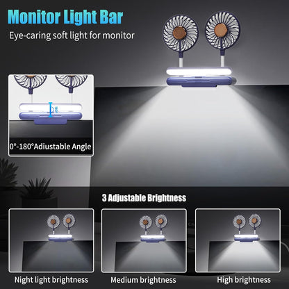 Monitor Fan with LED Lights, USB Desktop Fan with 2 Rotatable Heads, 3 Speeds Desk Fans Small Quiet with Sturdy Adjustable Clamp, Strong Wind Office Personal Cooling Fans for Laptop, Desktop.