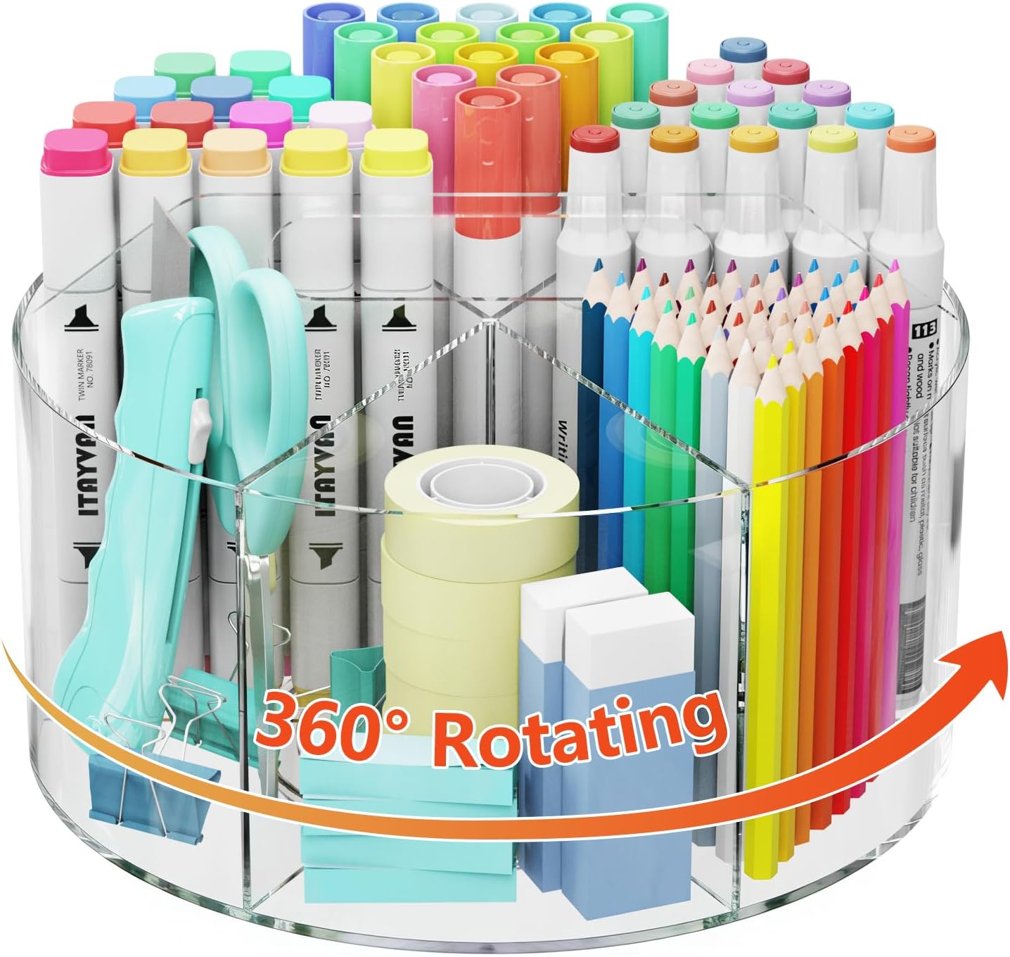 Desk Pen Holder, 360 Degree Acrylic Rotating Pencil Organizer for Kid Crayon Marker, Office Supply Accessory Organizer Rotating Organization for Desktop, Kitchen, Makeup, Vanity