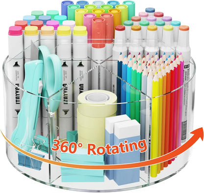 Desk Pen Holder, 360 Degree Acrylic Rotating Pencil Organizer for Kid Crayon Marker, Office Supply Accessory Organizer Rotating Organization for Desktop, Kitchen, Makeup, Vanity