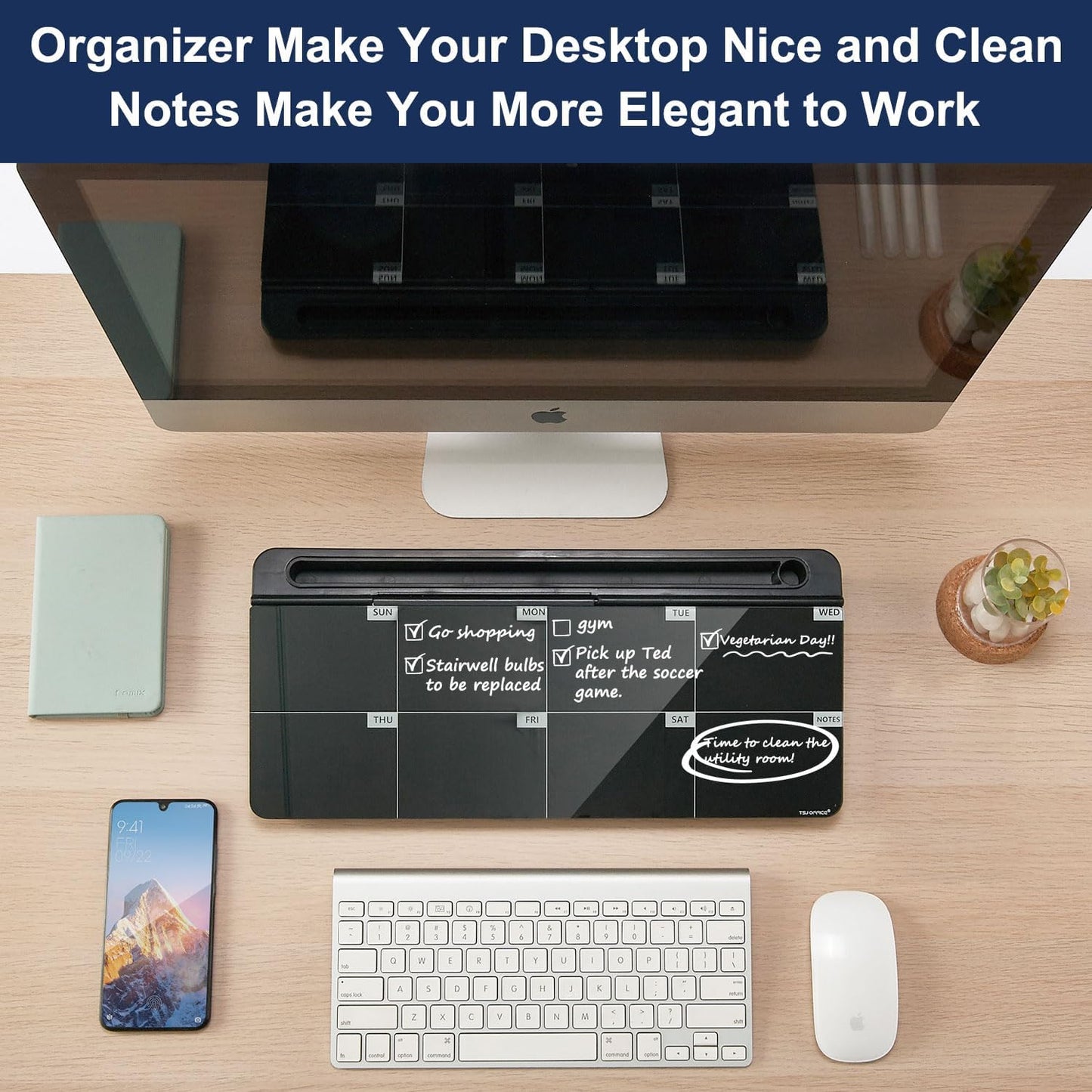 TSJ OFFICE Small Desktop Whiteboard -Glass Dry Erase Board Computer Keyboard Stand White Board Surface Pad with Drawer, Desk Organizers with Accessories for Office, Home, School Supplies - White