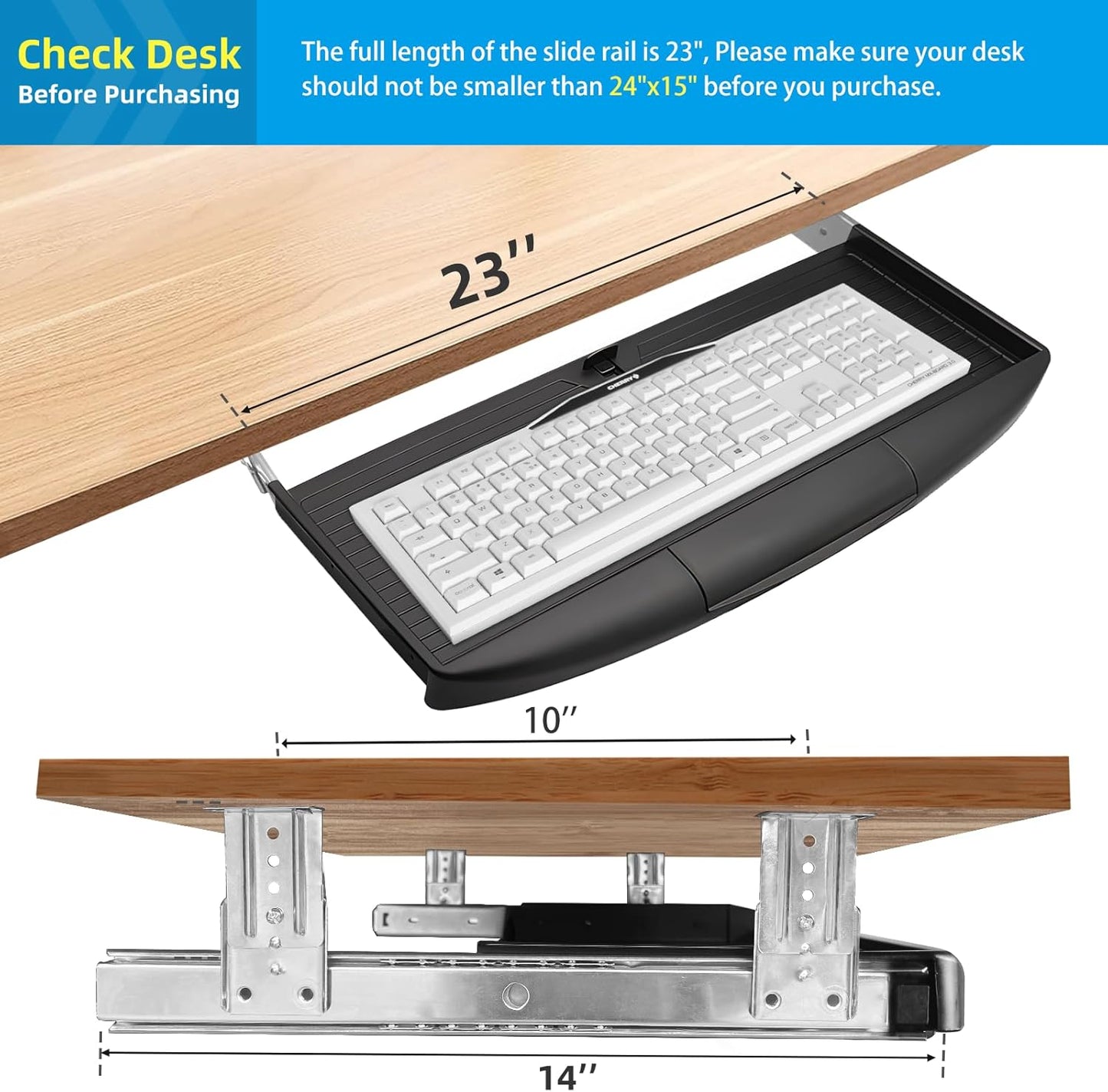 TOOCUST Under Desk Keyboard Tray, 20" Wx11"D Sturdy Key Board Tray Under Desk Slide with Pen Tray, Desk Extender with Pen Holder,Black
