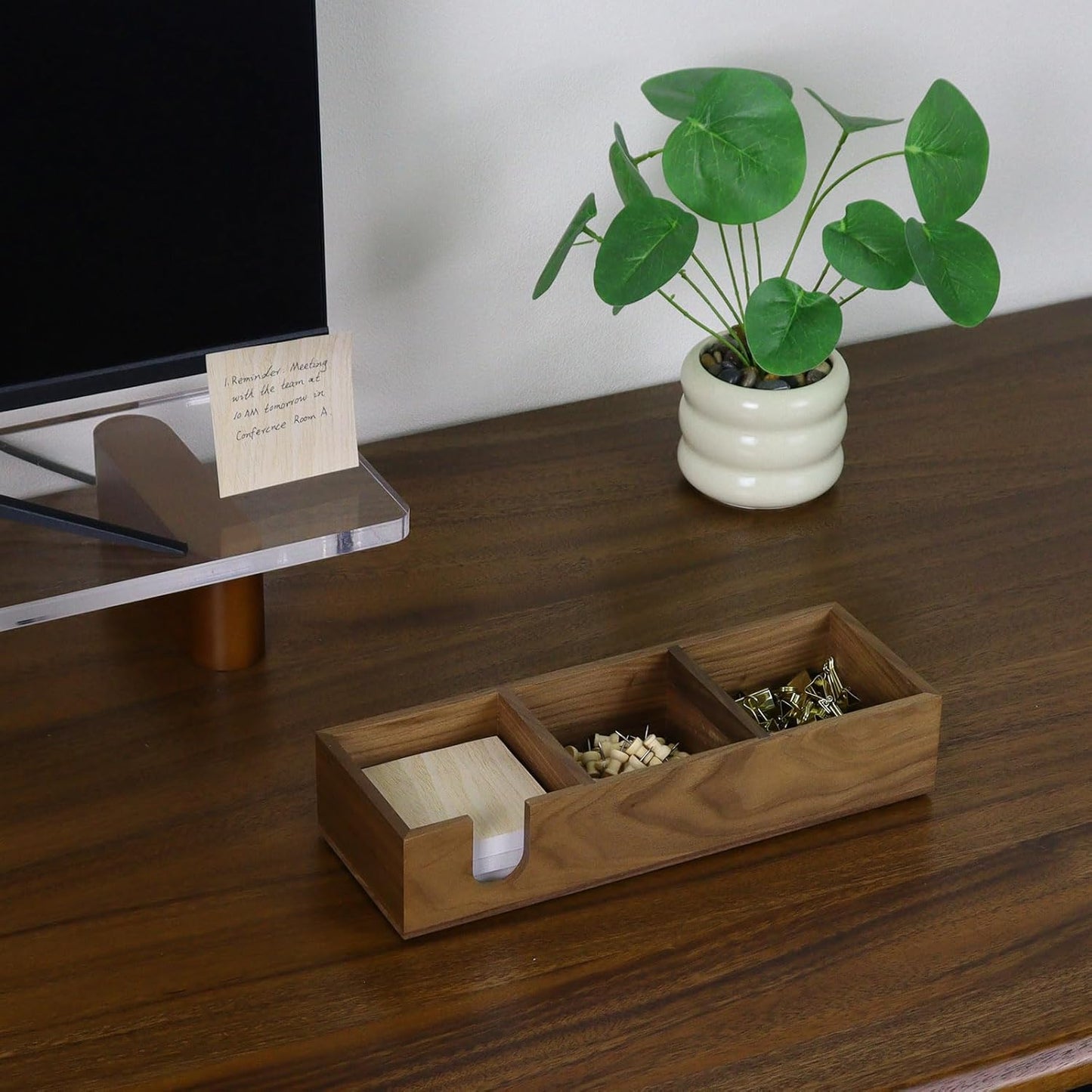 MultiBey Walnut Wood Sticky Notes Holder for Desk, 4x6 Inch Self -Sticky Note Memo Holder, Wooden Sticky Note Dispenser Office Desk Organizer for Dorm Room Office Home School (S)