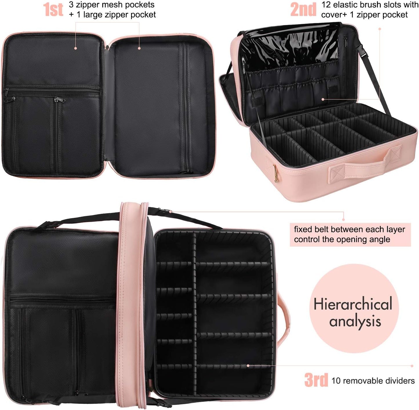 Relavel Makeup Case Large Makeup Bag Professional Train Case 16.5 inches Travel Cosmetic Organizer Brush Holder Waterproof Makeup Artist Storage Box, 3 Layer Large Capacity, with Adjustable Strap
