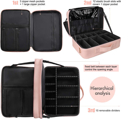 Relavel Makeup Case Large Makeup Bag Professional Train Case 16.5 inches Travel Cosmetic Organizer Brush Holder Waterproof Makeup Artist Storage Box, 3 Layer Large Capacity, with Adjustable Strap
